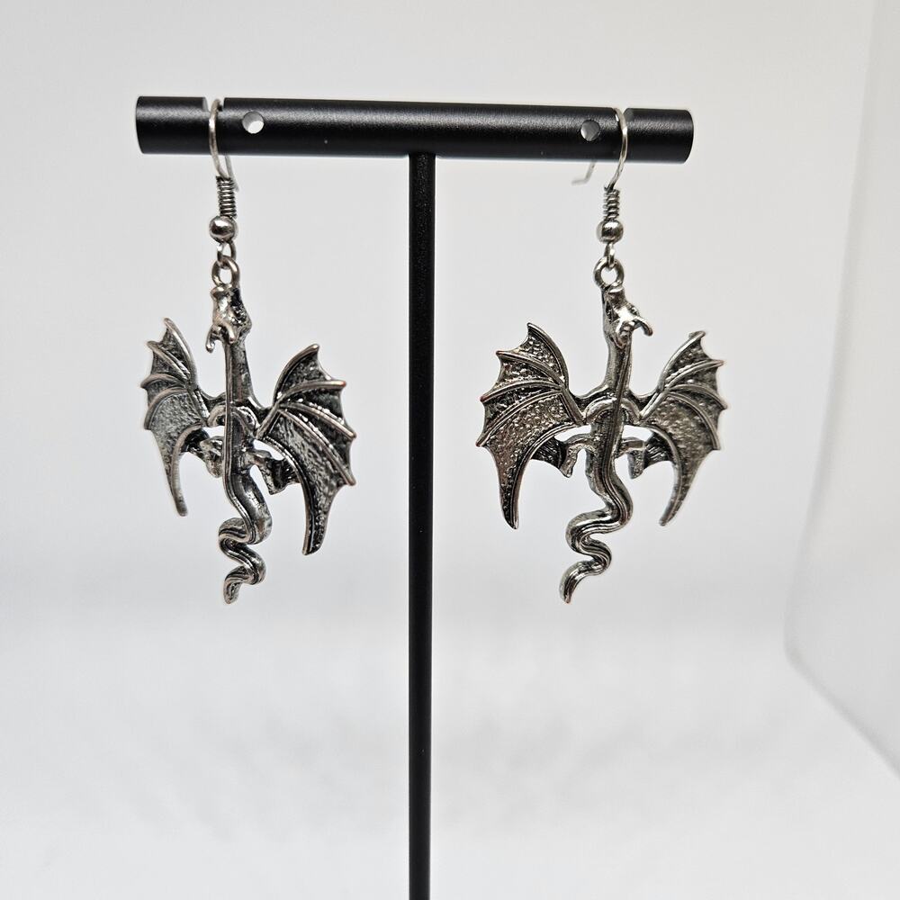 Flying Dragon Silver Tone Dangle Earrings Mystical Fantasy Punk Gothic Gothcore